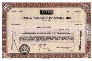 United Aircraft Products Oh 1967 Stock Certificate photo