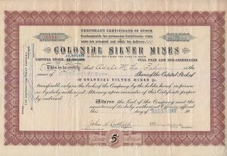 Colonial Silver Mines Me 1907 Stock Certificate photo