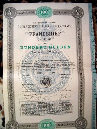 Austria 1888 Wien 100 Gulden Osterreich Boden Credit Anstalt Unc State Bond Loan photo