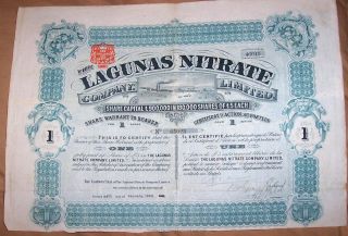 Chile Uk Gb 1904 The Lagunas Nitrate Company 1 Share £5 Uncancelled Deco photo