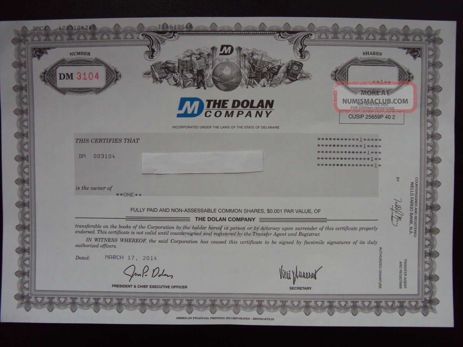 The Dolan Company Stock Certificate Stocks & Bonds, Scripophily photo