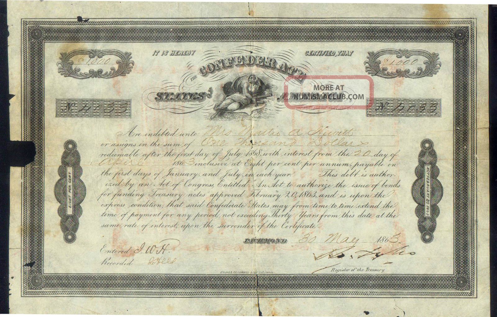 Confederate States Of America $1000 Hand Denominated Stock 1863 Science 4033 Stocks & Bonds, Scripophily photo