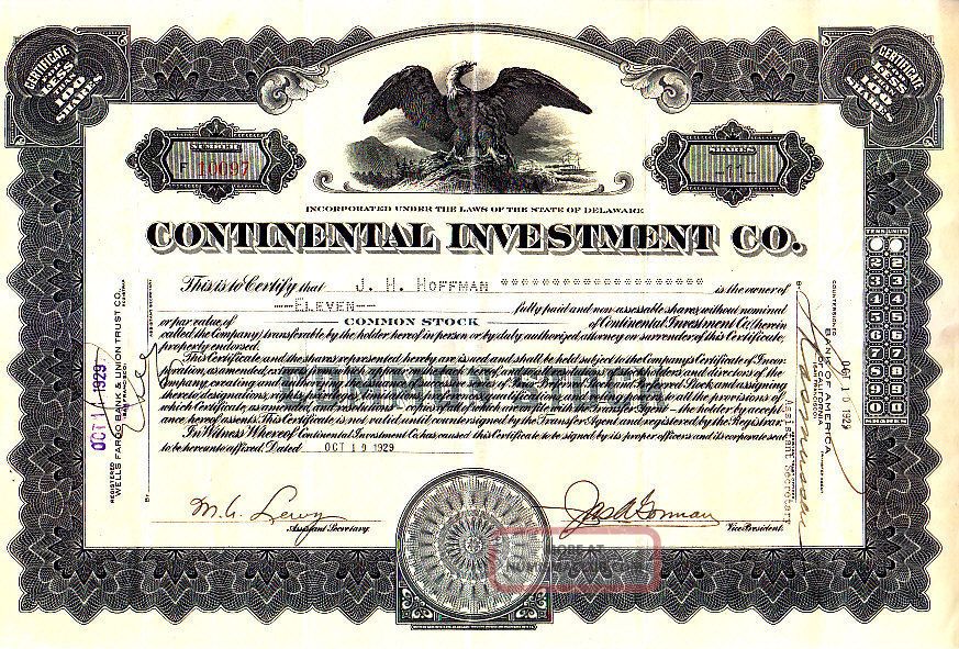 Continental Investment Co 1929 Stock Certificate Eagle Vignette