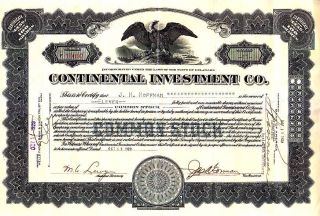 Continental Investment Co.  1929 Stock Certificate Eagle Vignette photo