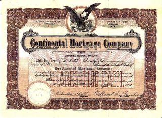 Continental Mortgage Company Nj 1913 Stock Certificate Eagle Vignette photo