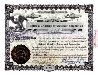 National Cemetery Development Corp Tn 1958 Stock Certificate Eagle Vignette photo