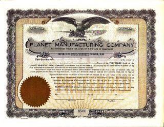 Planet Manufacturing Company 19 - - Stock Certificate Eagle Vignette photo