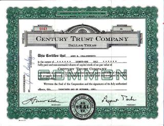 Century Trust Company (dallas Texas) Tx 1961 Stock Certificate photo