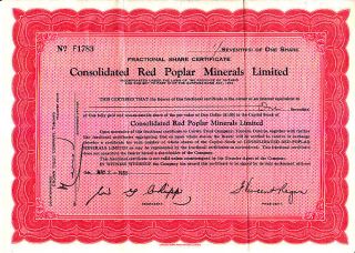 Consolidated Red Poplar Minerals Limited Canada 1955 Stock Certificate photo