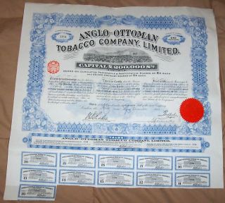 Turkey Uk Gb 1913 Anglo Ottoman Tobacco Co £4 Uncancelled Coupons Deco Waterlow photo