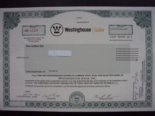 Westinghouse Solar Stock Certificate photo
