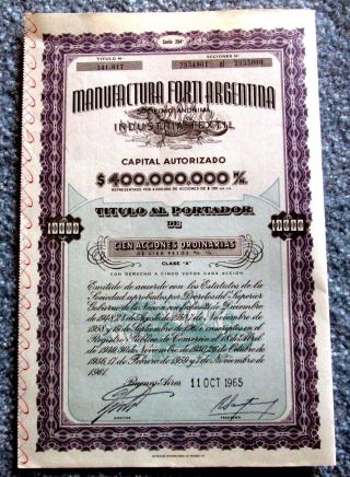 Forti Manufacturing Agentina Stock Certificate 1965 T3u photo