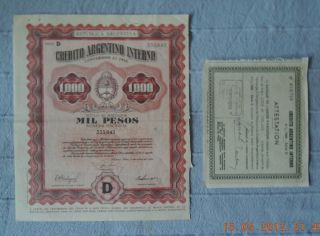 Argentine Argentina Credito Interno 1956,  1000$ Attestation 1958 Uncancelled photo