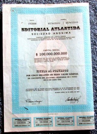 Atlantis Pubishing Buenos Aires Agentina Stock Certificate 1981 T3u photo