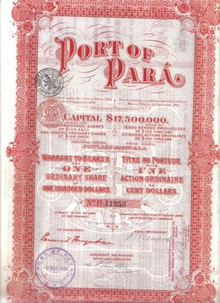 Brazil Bond 1909 Port Para $100 1 Share Uncancelled Deco Coupons Waterlow & Sons photo