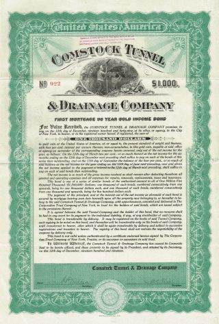 Usa Comstock Tunnel & Drainage Company Stock Certificate 1919 photo