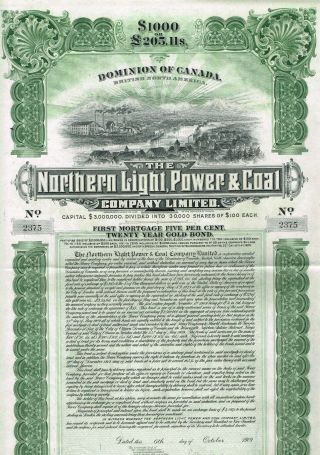 Canada Northern Light Power & Coal Gold Bond Stock Certificate 1909 $1000 photo