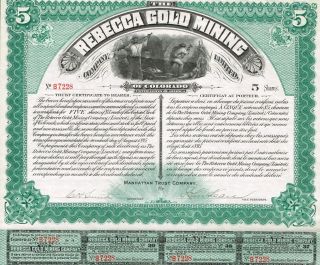Usa Rebecca Gold Mining Stock Certificate 1895 5sh Cripple Creek Colorado photo