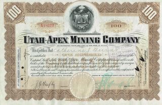 Usa Utah - Apex Mining Company Stock Certificate 1917 photo