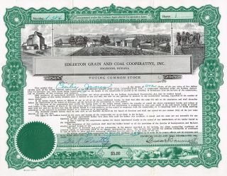 Usa Edgerton Grain & Coal Cooperative Stock Certificate Indiana photo