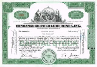 Usa Mindanao Motherlode Mines Stock Certificate 1956 photo