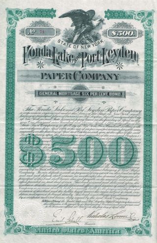 Usa Fonda Lake & Port Leyden Paper Company Stock Certificate 1891 photo
