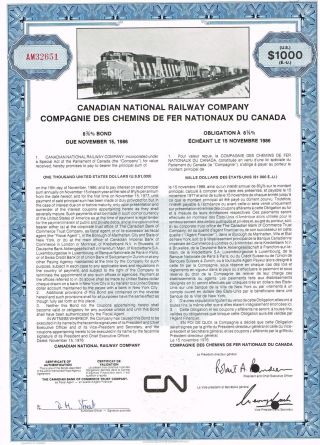 Canadian National Railway Bond Stock Certificate $1000 photo