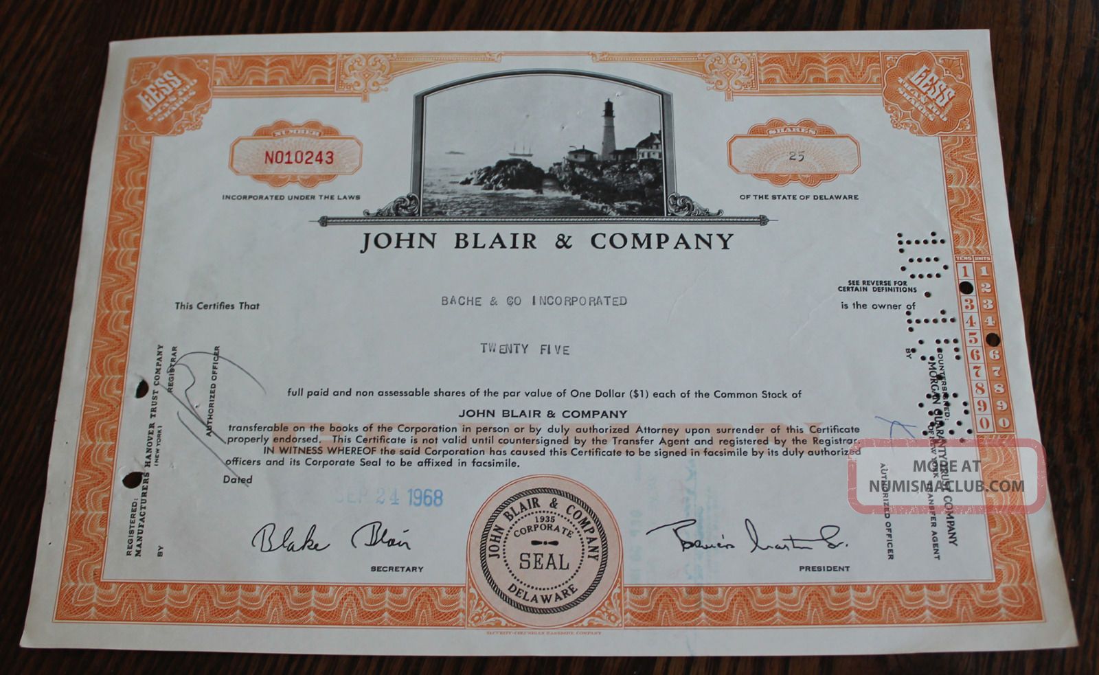 John Blair & Company 1968 25 Share Stock Certificate Lighthouse Logo