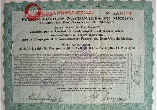 Mexico Mexican 1914 Ferrocarriles Nacionales 2 Gold Usd Coupons Loan Bond photo