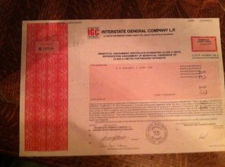 Interstate General Assembly Igc Stock Certificate Seal 1986 9/16/91 Scripophily photo