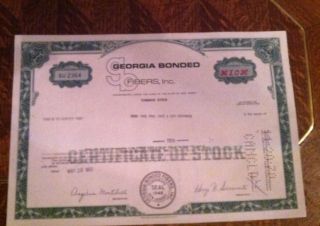 Georgia Bonded Fibers Stock Certificate Seal 1946 Dated 1969 Scripophily photo