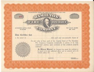 Hamilton Fire Insurance Company. . . . .  Unissued Stock Certificate photo