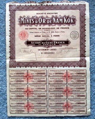 Mines D ' Or De Namkok Namkok Gold Mines Stock Certificate 1918 U photo