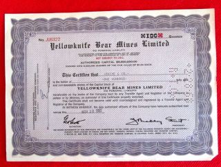 Yellowknife Bear Mines Limited Stock Certificate Ontario Canada 1962 T2u photo
