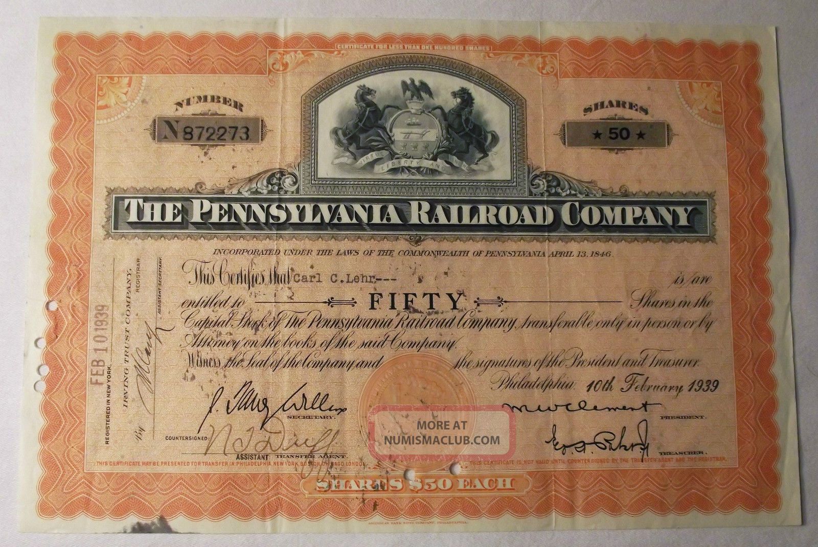The Pennsylvania Railroad Company Stock Certificate, 50 Shares