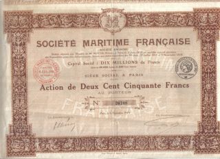 France 1919 Societe Maritime Français Navigation 250 Francs Coupons Uncancelled photo