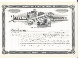 Montana Phonograph Company. . . . . .  1880 ' S Unissued Stock Certificate photo