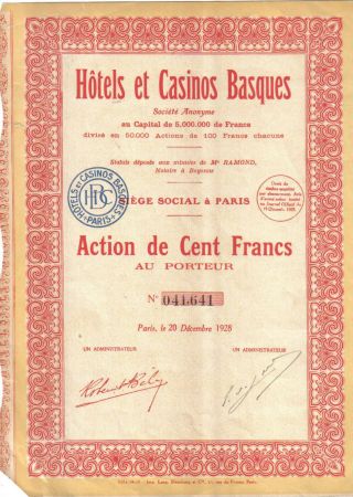 France 1928 Societe Hotels Et Casinos Basques Co 100 Francs Coupons Uncancelled photo