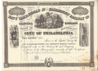 Navy Yard,  Broad St.  And Fairmount Railway Co. . .  1860 ' S Unissued Stock Certificate photo