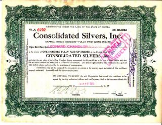 Consolidated Silvers,  Inc.  Nv 1920 Stock Certificate photo