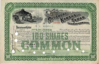 United States Stock Certificate 100 Missouri Kansas & Texas Railway Co 1907 photo