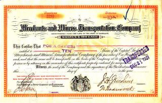 Merchants And Miners Transportation Company Md 1918 Stock Certificate photo