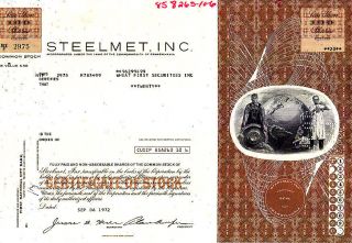 Steelmet Inc.  Pa 1972 Stock Certificate photo