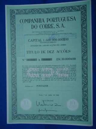 Portugal Share Companhia Portuguesa Do Cobre S.  A.  10000 Escudos 1988 Look Scans photo