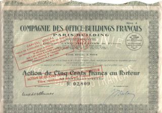 France 1929 Office - Buildings Français Paris - Building Co 500 Fr Uncancelled Coup photo