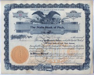 State Bank Of Peck Kansas Stock Certificate Financial photo