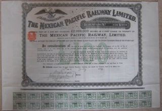 Mexico Mexican Pacific Railway Bond £100 1889 +coupons photo