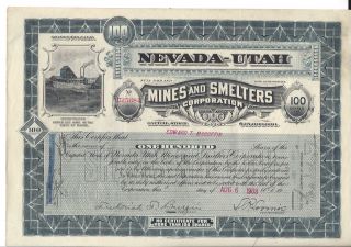 Nevada - Utah Mines And Smelters Corporation. . . .  1908 Stock Certificate photo