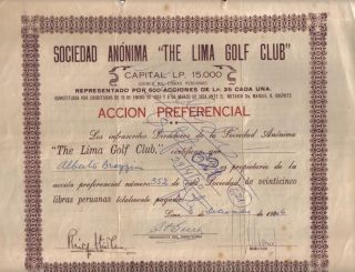 Peru 1946 The Lima Golf Club Society 25 Libras Peruanas Issued Only 600 photo
