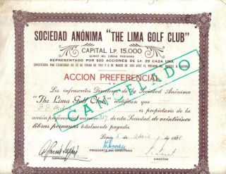 Peru 1938 The Lima Golf Club Society 25 Libras Peruanas Issued 600 Only photo